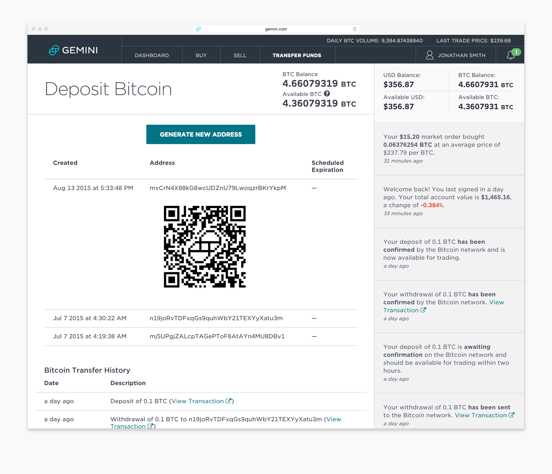 Gemini Exchange Deposit process