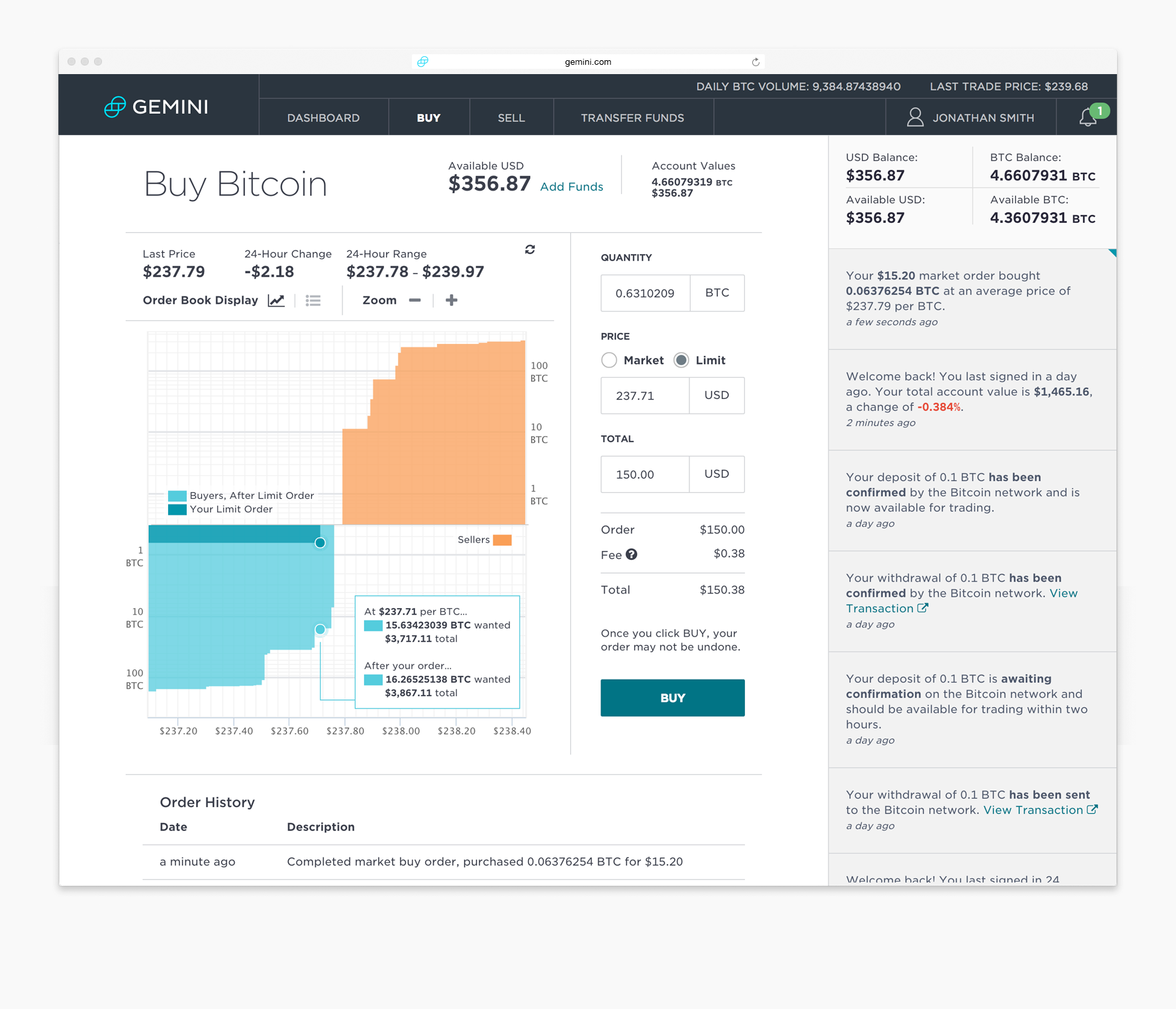 Gemini Exchange Orderbook Trading Interface